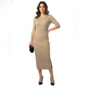 Calvin Klein Ribbed Knit Midi Dress Beige Logo Side Panels Bodycon Short Sleeve